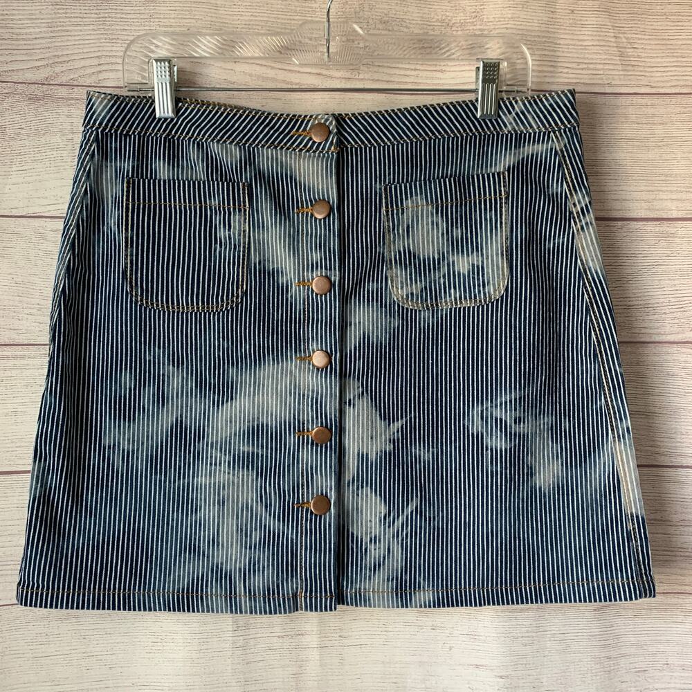 Hayden Denim Jean Skirt with White Stripes Acid Wash Button Front Size Large